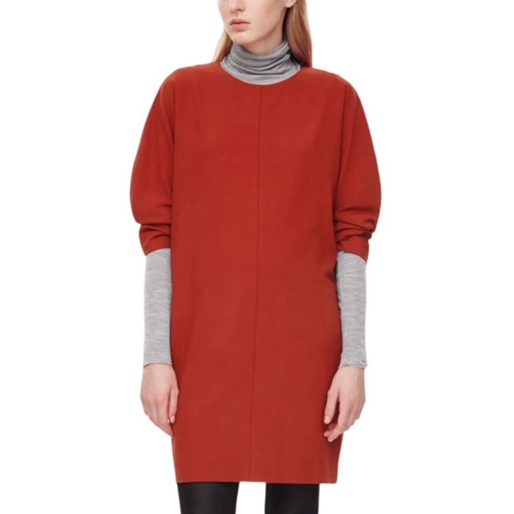 COS‎ Shift Dress Women Size 8 Rust Orange 3/4 Sleeve Minimalist Crepe